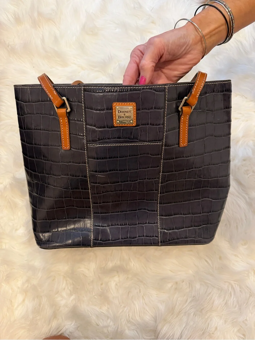 Dooney & Bourke Black Croc-Embossed Tote with Tan Trim